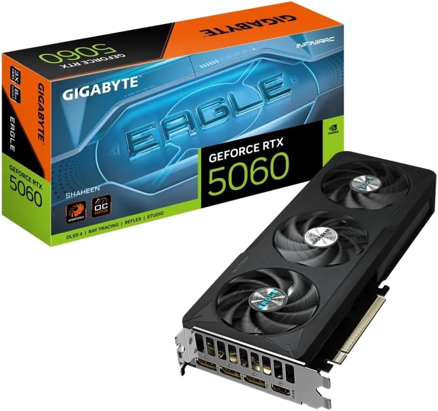 Gigabyte GeForce RTX 5060 SHAHEEN EAGLE MAX OC, 8G GDDR7, 2550 MHz Core Clock, 3840 CUDA® Cores, Infiniarc edition Graphics Card